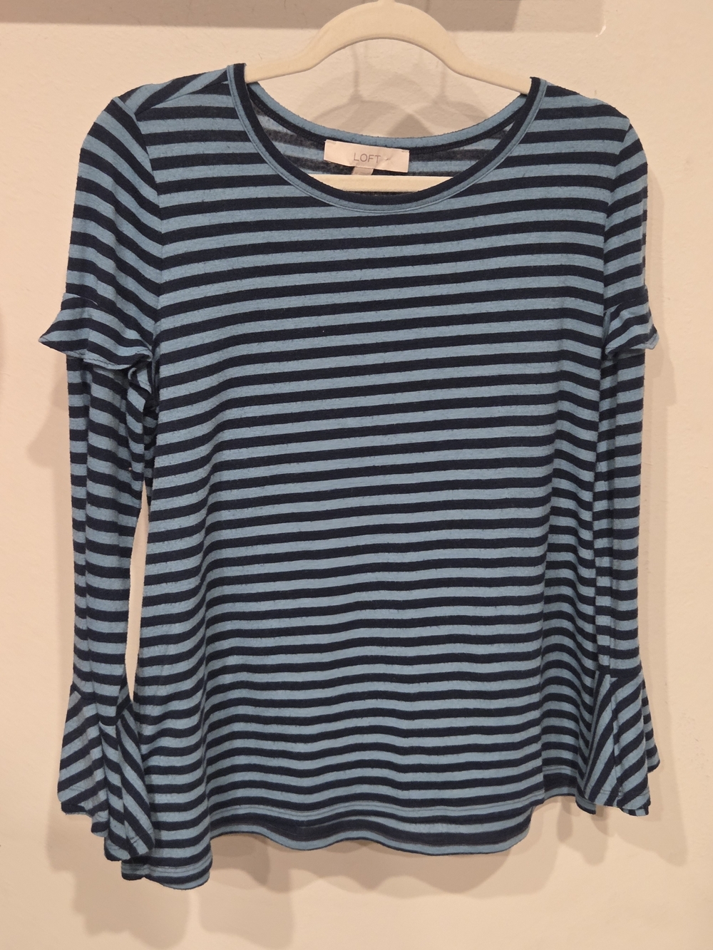 LOFT Navy & Light Blue Striped Long Sleeve Ruffle Cuff Top